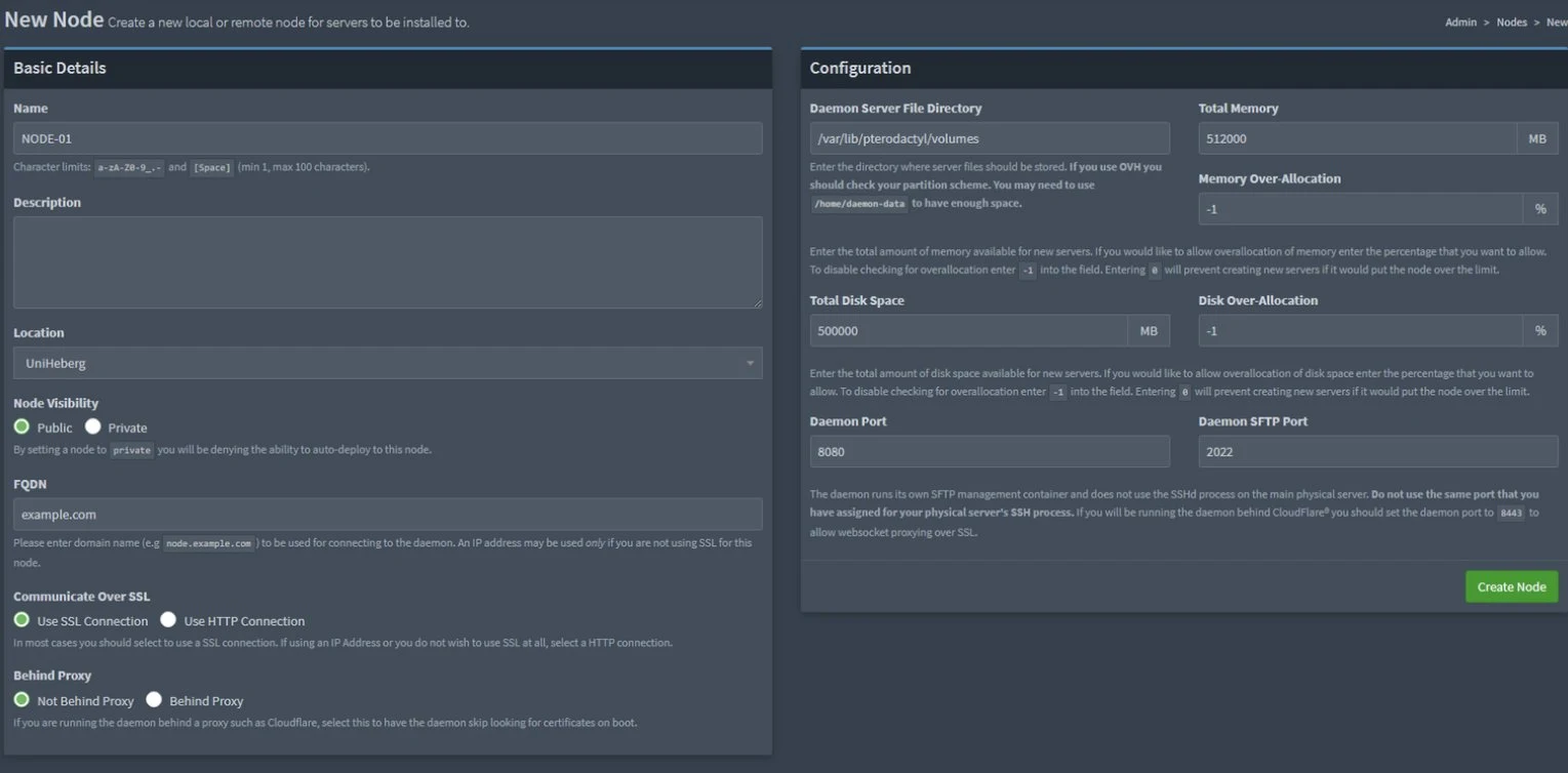 Création d'un node Pterodactyl - configuration Basic Details et Configuration